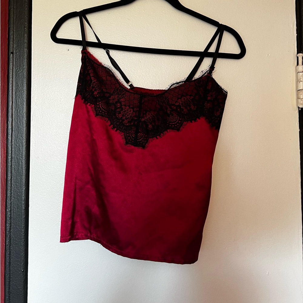 Satin Lace Trim Cami Top - Red and Black